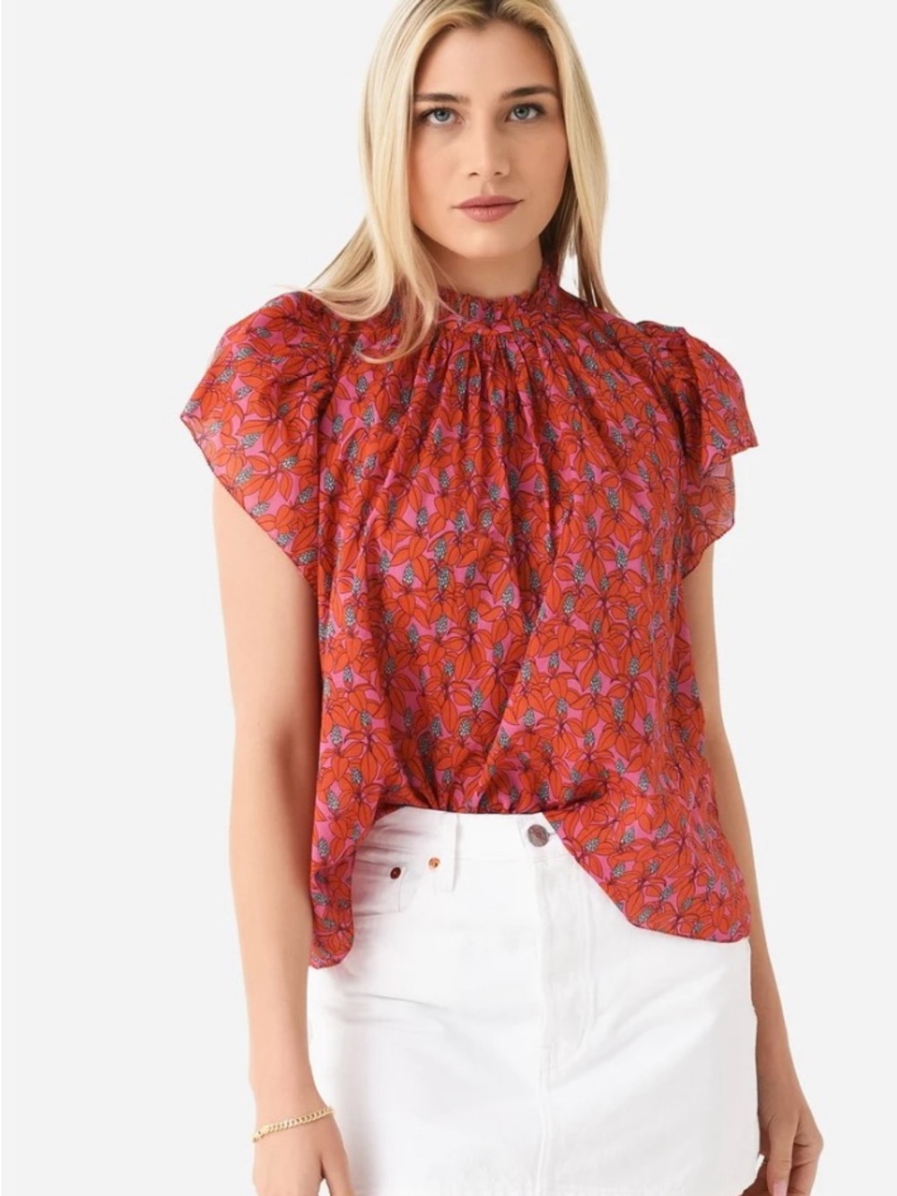 Trovata Birds of Paradise Carlie Smocked Neck Floral Cap Sleeve Blouse - Red